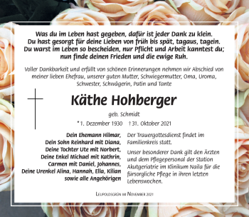 Traueranzeige von Käthe Hohberger von Frankenpost