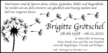 Traueranzeige von Brigitte Grötschel von Südthüringer Presse