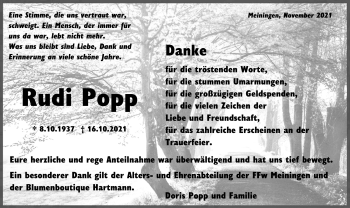 Traueranzeige von Rudi Popp von Südthüringer Presse