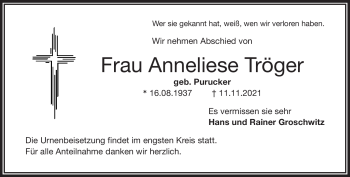 Traueranzeige von Anneliese Tröger von Frankenpost