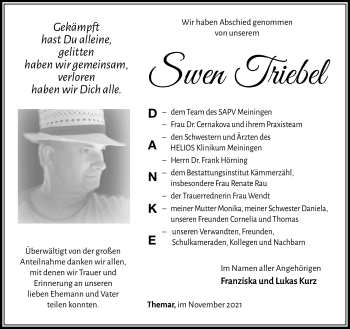 Traueranzeige von Swen Triebel von Südthüringer Presse