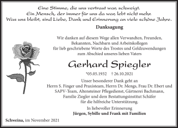 Traueranzeige von Gerhard Spiegler von Südthüringer Presse
