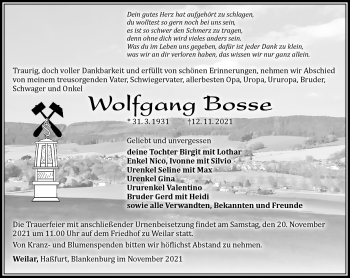 Traueranzeige von Wolfgang Bosse von Südthüringer Presse