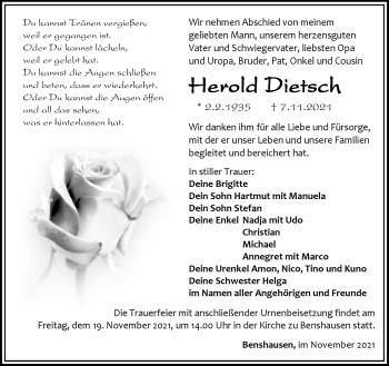 Traueranzeige von Herold Dietsch von Südthüringer Presse