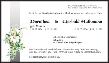Traueranzeige von DorotheaGerbald HuthmannHuthmann von Südthüringer Presse