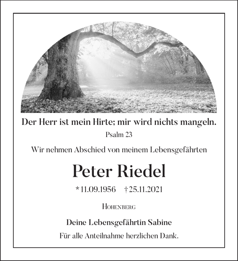  Traueranzeige für Peter Riedel vom 30.11.2021 aus Frankenpost