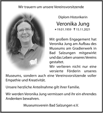Traueranzeige von Veronika Jung von Südthüringer Presse