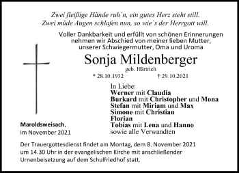 Traueranzeige von Sonja Mildenberger von Neue Presse Coburg