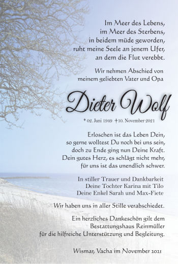 Traueranzeige von Dieter Wolf von Südthüringer Presse
