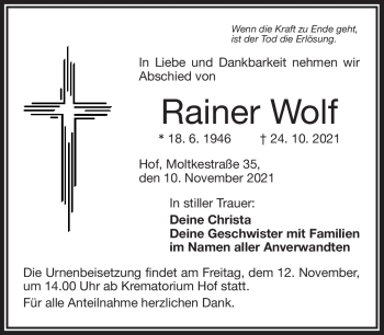 Traueranzeige von Rainer Wolf von Frankenpost