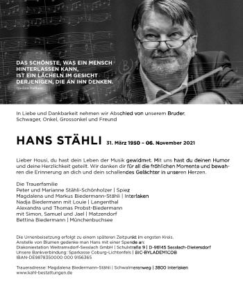 Traueranzeige von Hans Stähli von Neue Presse Coburg