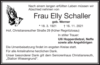 Traueranzeige von Elly Schaller von Frankenpost