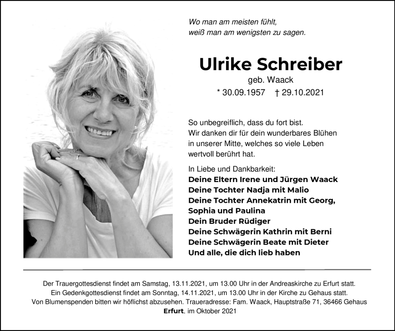  Traueranzeige für Ulrike Schreiber vom 06.11.2021 aus Südthüringer Presse
