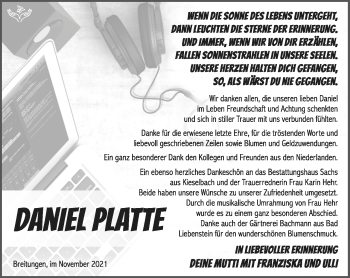 Traueranzeige von Daniel Platte von Südthüringer Presse