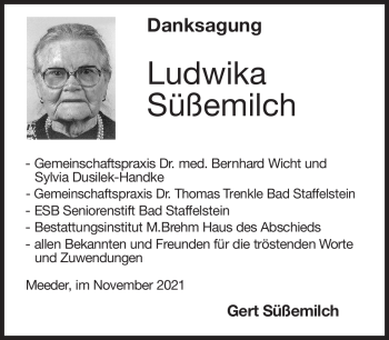 Traueranzeige von Ludwika Süßemilch von Neue Presse Coburg