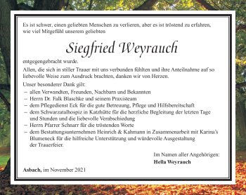 Traueranzeige von Siegfried Weyrauch von Südthüringer Presse