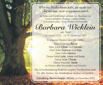 Traueranzeige von Barbara Wicklein von Südthüringer Presse