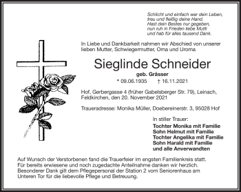 Traueranzeige von Sieglinde Schneider von Frankenpost