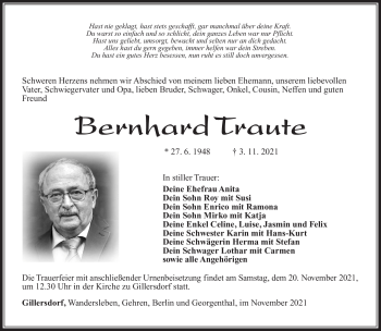 Traueranzeige von Bernhard Traute von Südthüringer Presse