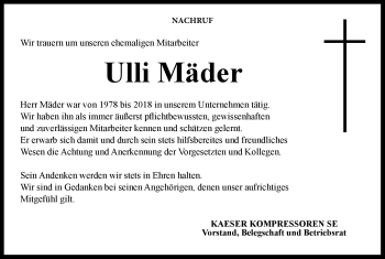 Traueranzeige von Ulli Mäder von Neue Presse Coburg