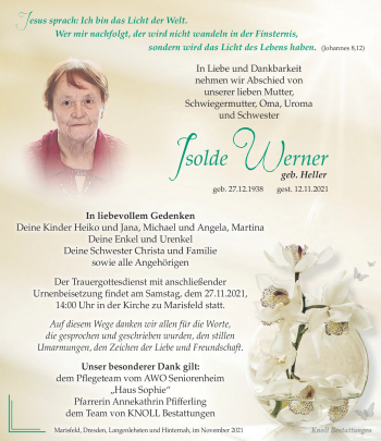 Traueranzeige von Isolde Werner von Südthüringer Presse