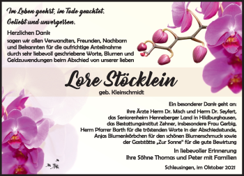 Traueranzeige von Lore Stöcklein von Südthüringer Presse