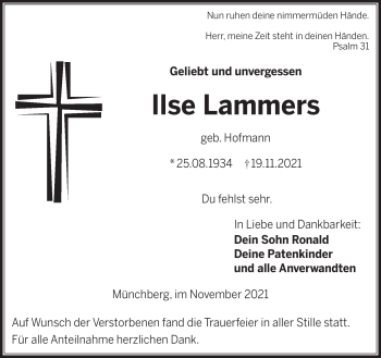 Traueranzeige von Ilse Lammers von Frankenpost