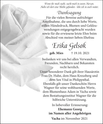 Traueranzeige von Erika Gelsok von Südthüringer Presse