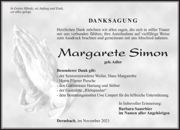 Traueranzeige von Margarete Simon von Südthüringer Presse