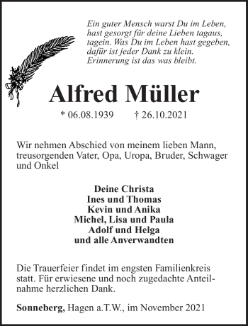 Traueranzeige von Alfred Müller von Südthüringer Presse