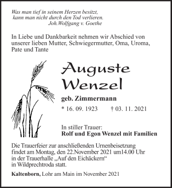 Traueranzeige von Auguste Wenzel von Südthüringer Presse