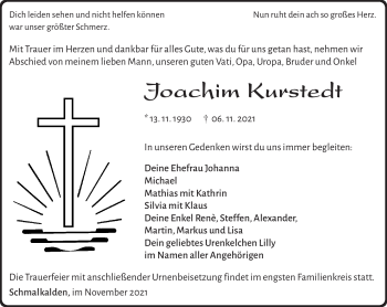 Traueranzeige von Joachim Kurstedt von Südthüringer Presse