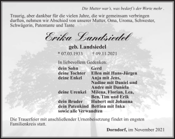Traueranzeige von Erika Landsiedel von Südthüringer Presse