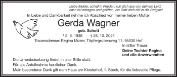 Traueranzeige von Gerda Wagner von Frankenpost