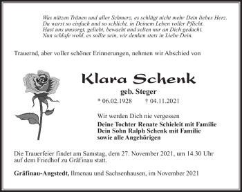Traueranzeige von Klara Schenk von Südthüringer Presse