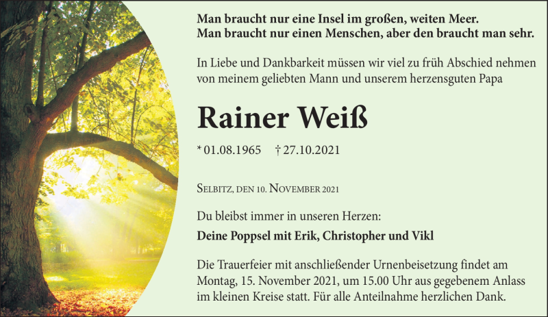  Traueranzeige für Rainer Weiß vom 10.11.2021 aus Frankenpost