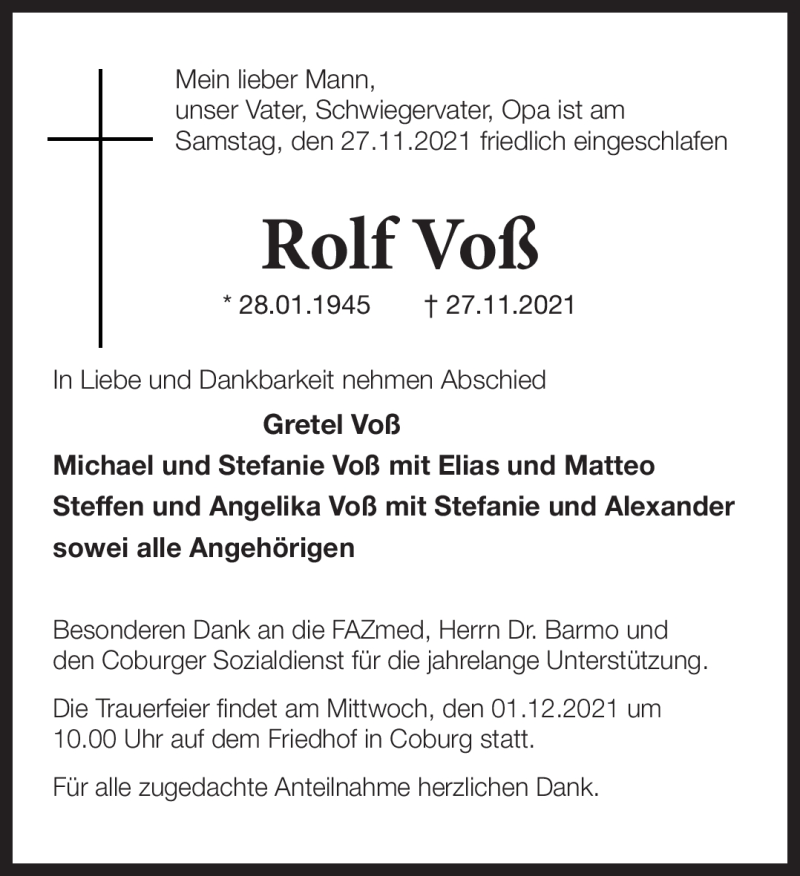  Traueranzeige für Rolf Voß vom 30.11.2021 aus Neue Presse Coburg