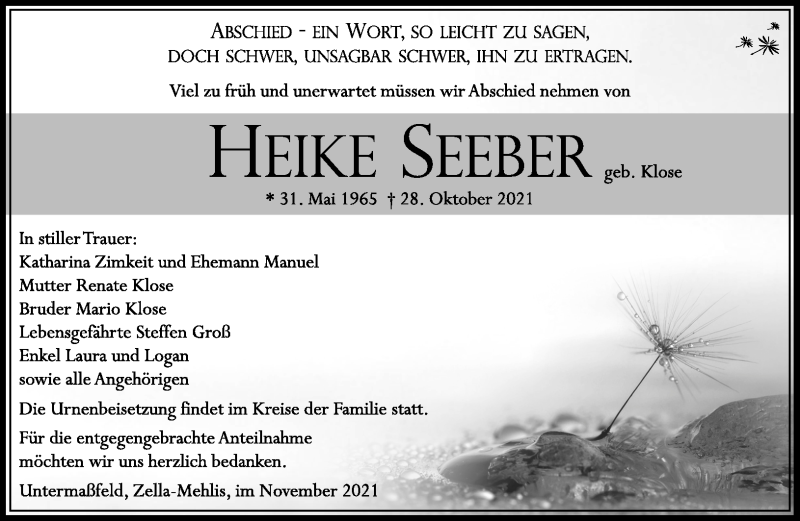  Traueranzeige für Heike Seeber vom 27.11.2021 aus Südthüringer Presse