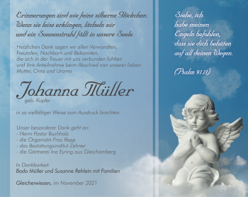 Traueranzeige von Johanna Müller von Südthüringer Presse