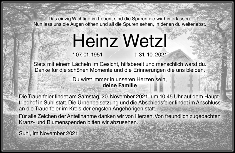 Traueranzeige für Heinz Wetzl vom 06.11.2021 aus Südthüringer Presse