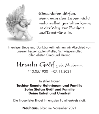 Traueranzeige von Ursula Gräf von Südthüringer Presse