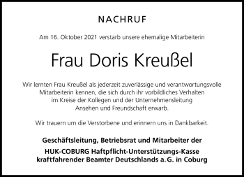 Traueranzeige von Doris Kreußel von Neue Presse Coburg