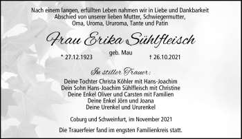 Traueranzeige von Erika Sühlfleisch von Neue Presse Coburg