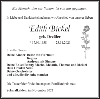 Traueranzeige von Edith Bickel von Südthüringer Presse