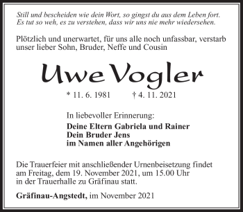 Traueranzeige von Uwe Vogler von Südthüringer Presse