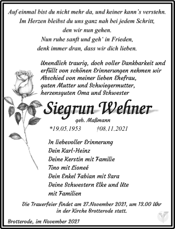 Traueranzeige von Siegrun Wehner von Südthüringer Presse