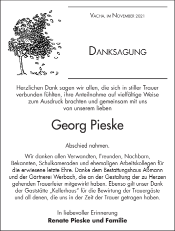 Traueranzeige von Georg Pieske von Südthüringer Presse