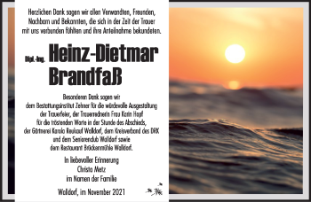 Traueranzeige von Heinz-Dietmar Brandfaß von Südthüringer Presse