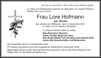 Traueranzeige von Lore Hofmann von Frankenpost