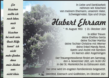 Traueranzeige von Hubert Ehrsam von Südthüringer Presse